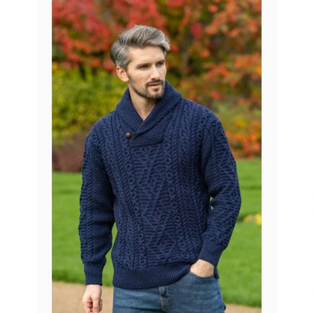 Aran Men's Small Blue Shawl Neck Cable Knit 100% Merino Wool Irish Sweater